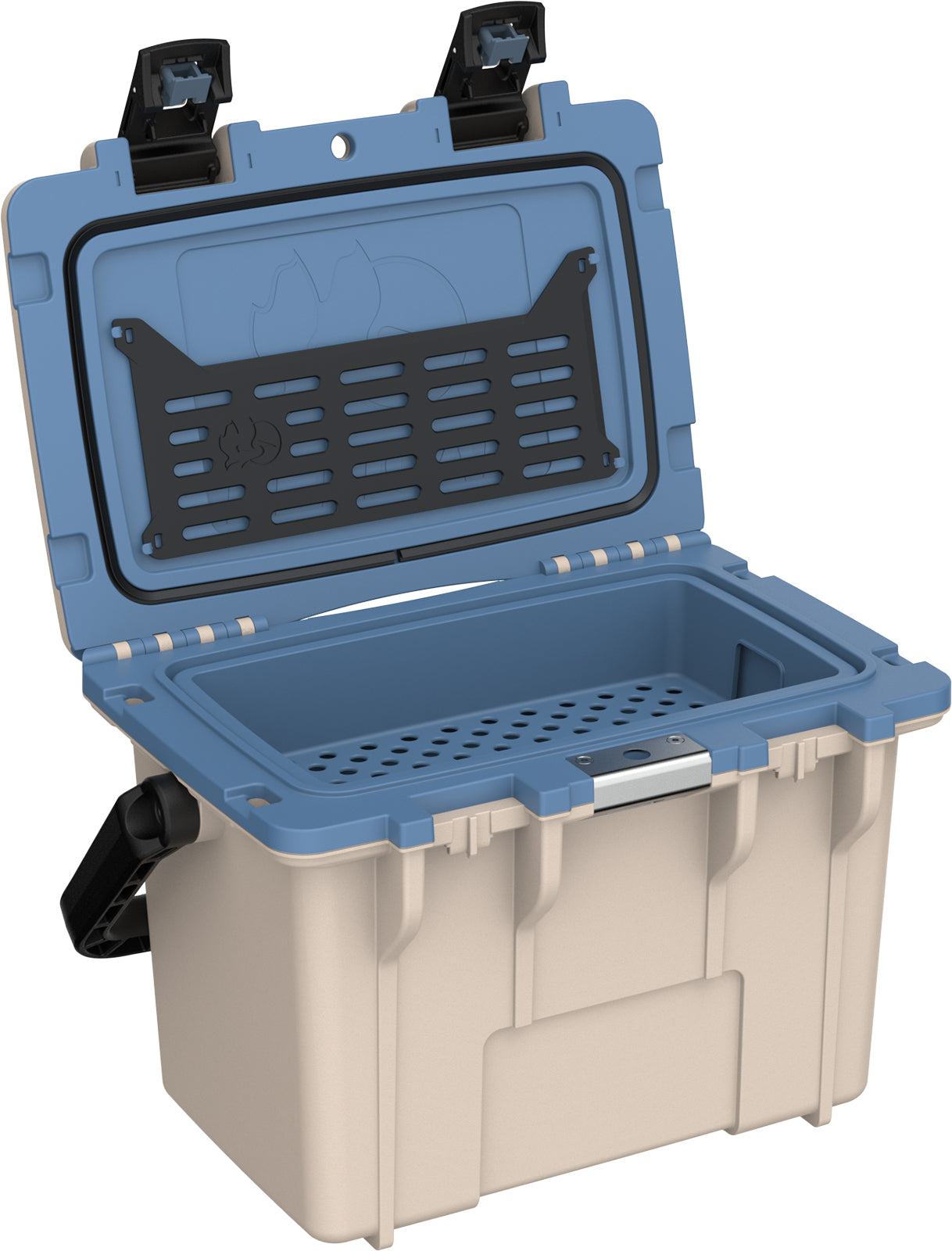 Blue and beige cooler box with open lid on a white background