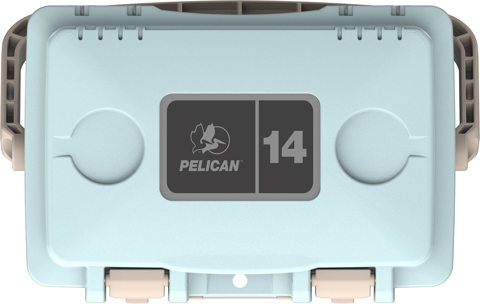 Pelican cooler with a light blue exterior and brown accents