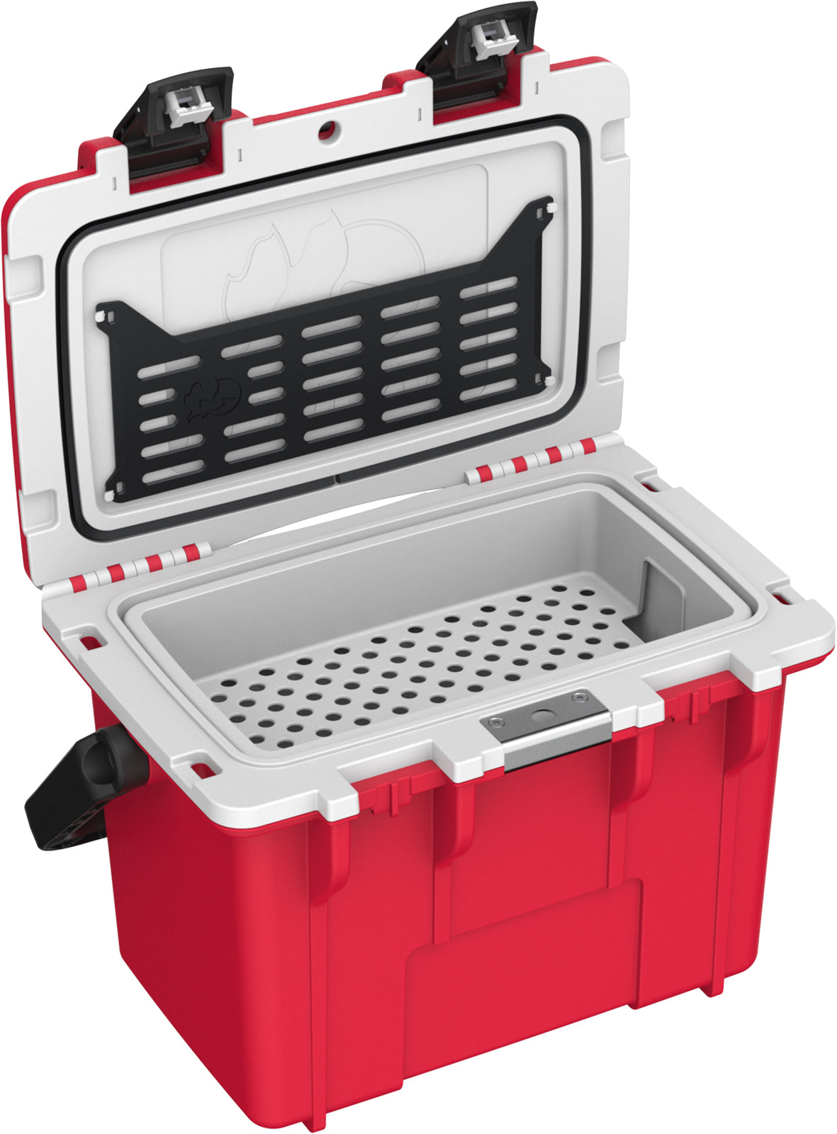 side view of Pelican 14QT cooler in red and white, portable hard cooler for work and camping