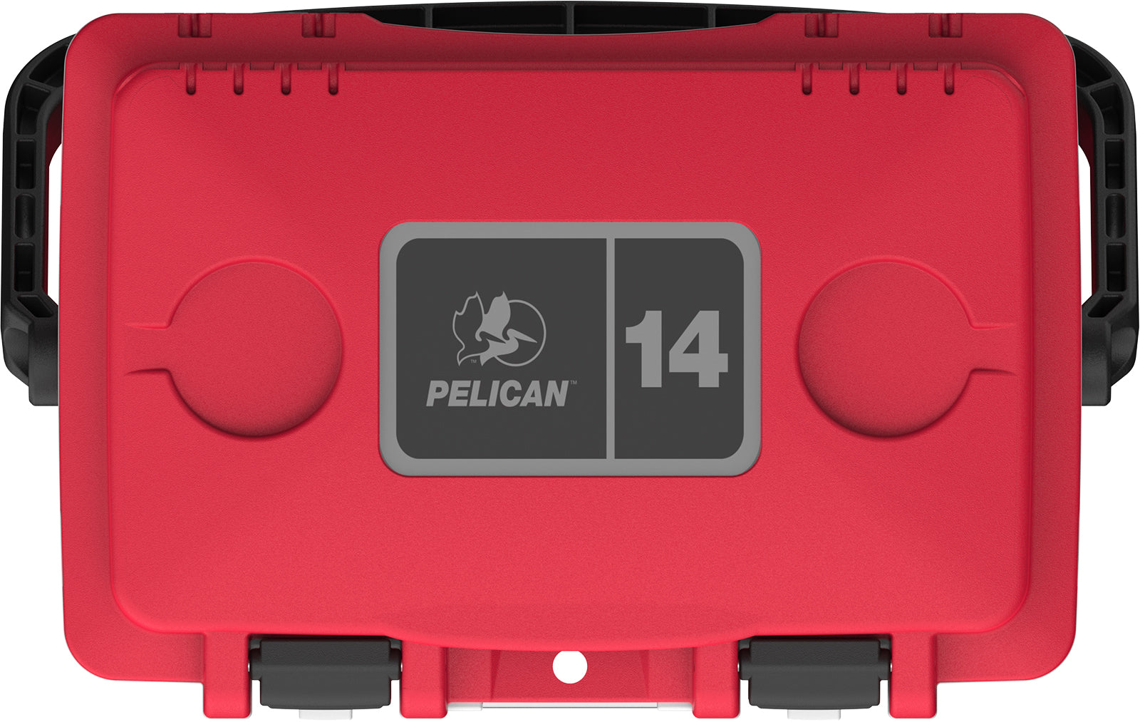 angled view of red and white Pelican 14QT Elite cooler, rugged compact outdoor cooler