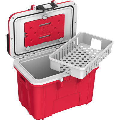 Red and white cooler box with a lid open, showing a mesh basket inside.