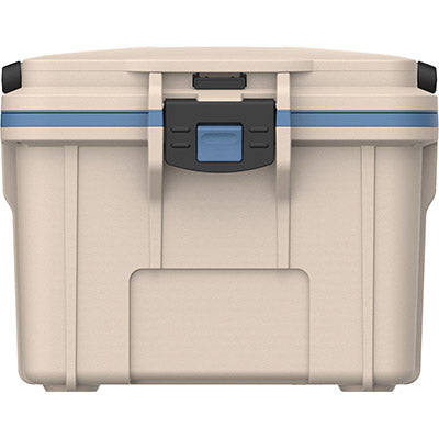 Beige cooler box with blue accents on a white background