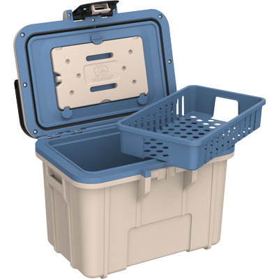 Beige and blue cooler box with a basket on a white background