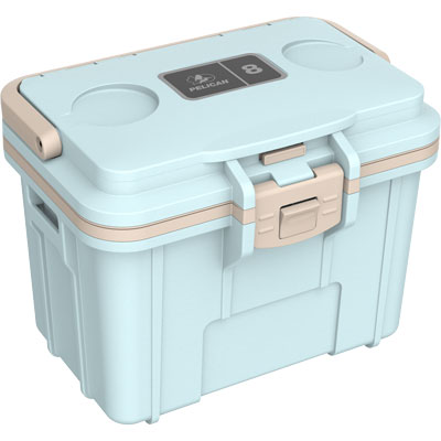 Light blue cooler box with beige accents on a white background
