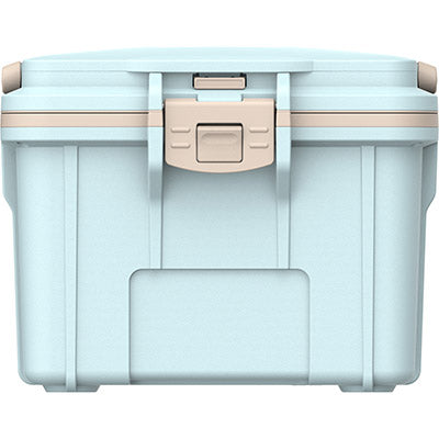Light blue storage box with a beige handle on a white background