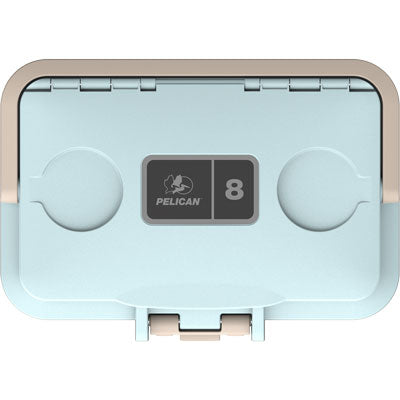 Light blue cooler with 'Pelican' logo and number '8' on a white background