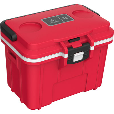 Red cooler box with black handles on a white background