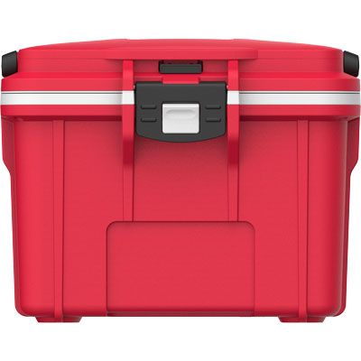 Red cooler box with black latches on a white background