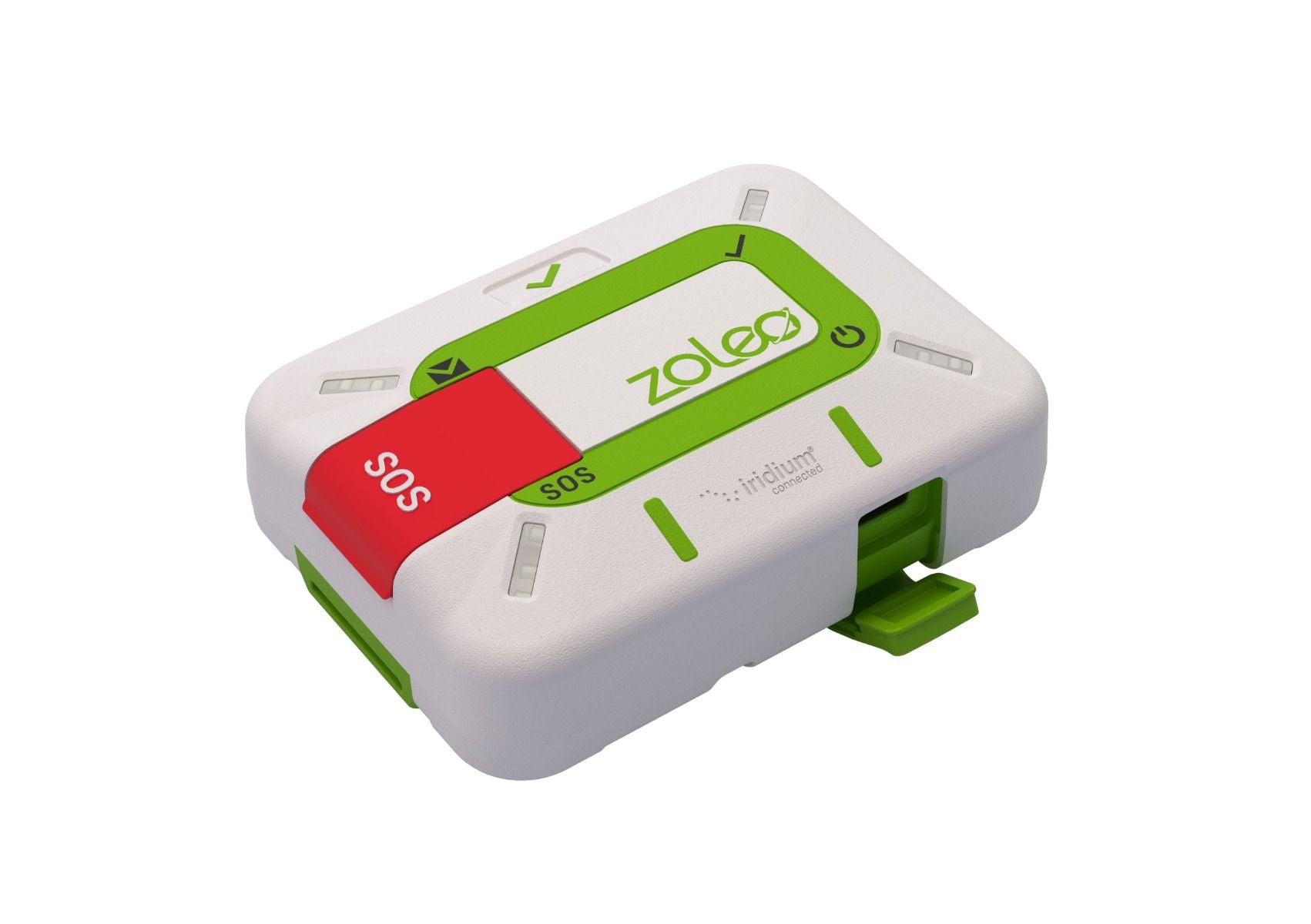 Limestone-colored ZOLEO satellite communicator with covered SOS button and USB-C charging.