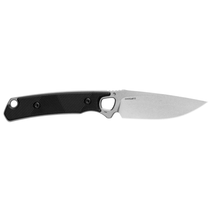 Kershaw Steppe fixed blade knife with stonewashed D2 drop point blade, textured gray and black handle, and molded carry sheath.