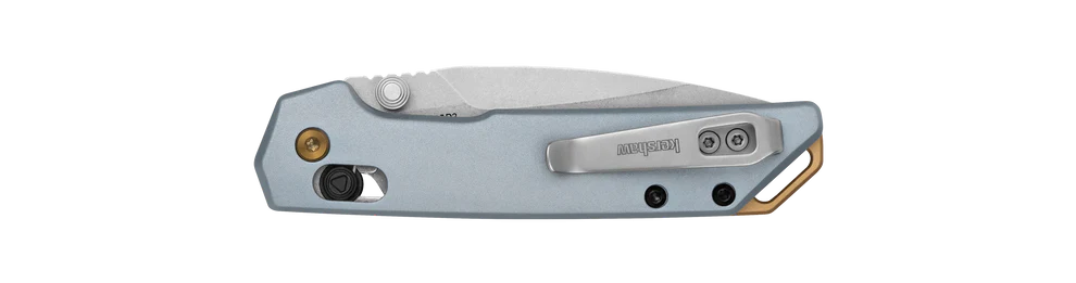 D2 tool steel spear point blade with stonewashed finish on lightweight Mini Iridium pocket knife