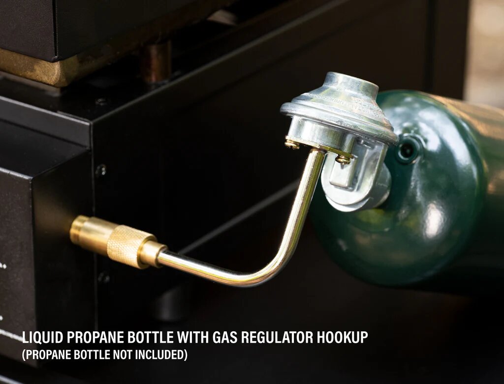 Liquid propane bottle with gas regulator hookup on a black background