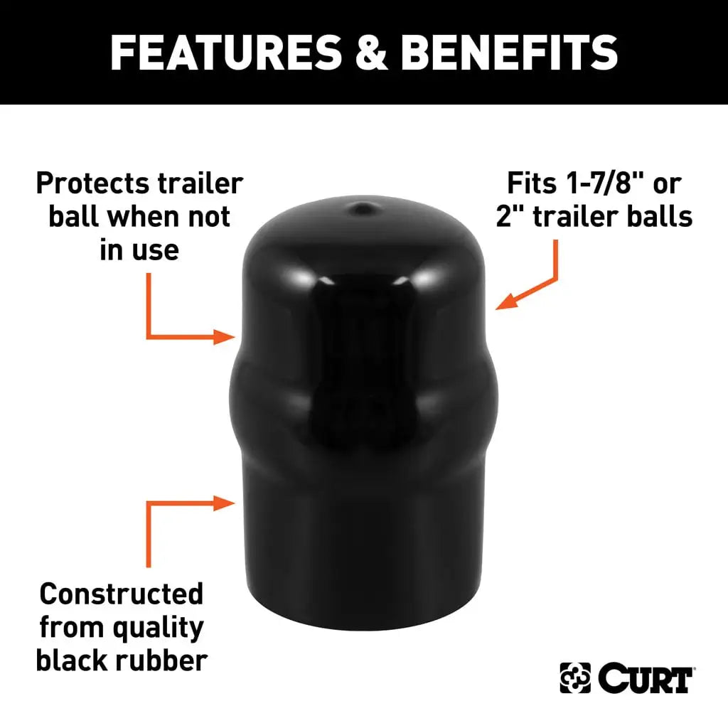 Black CURT rubber cover protecting trailer hitch ball from dirt and debris
