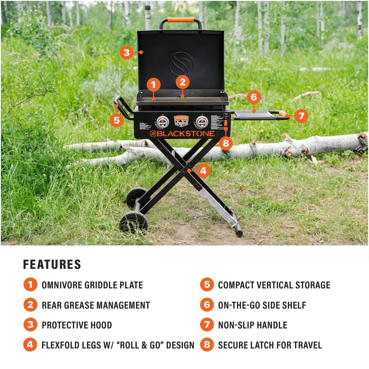 Blackstone On The Go 22 inch griddle with hood and rear grease management system