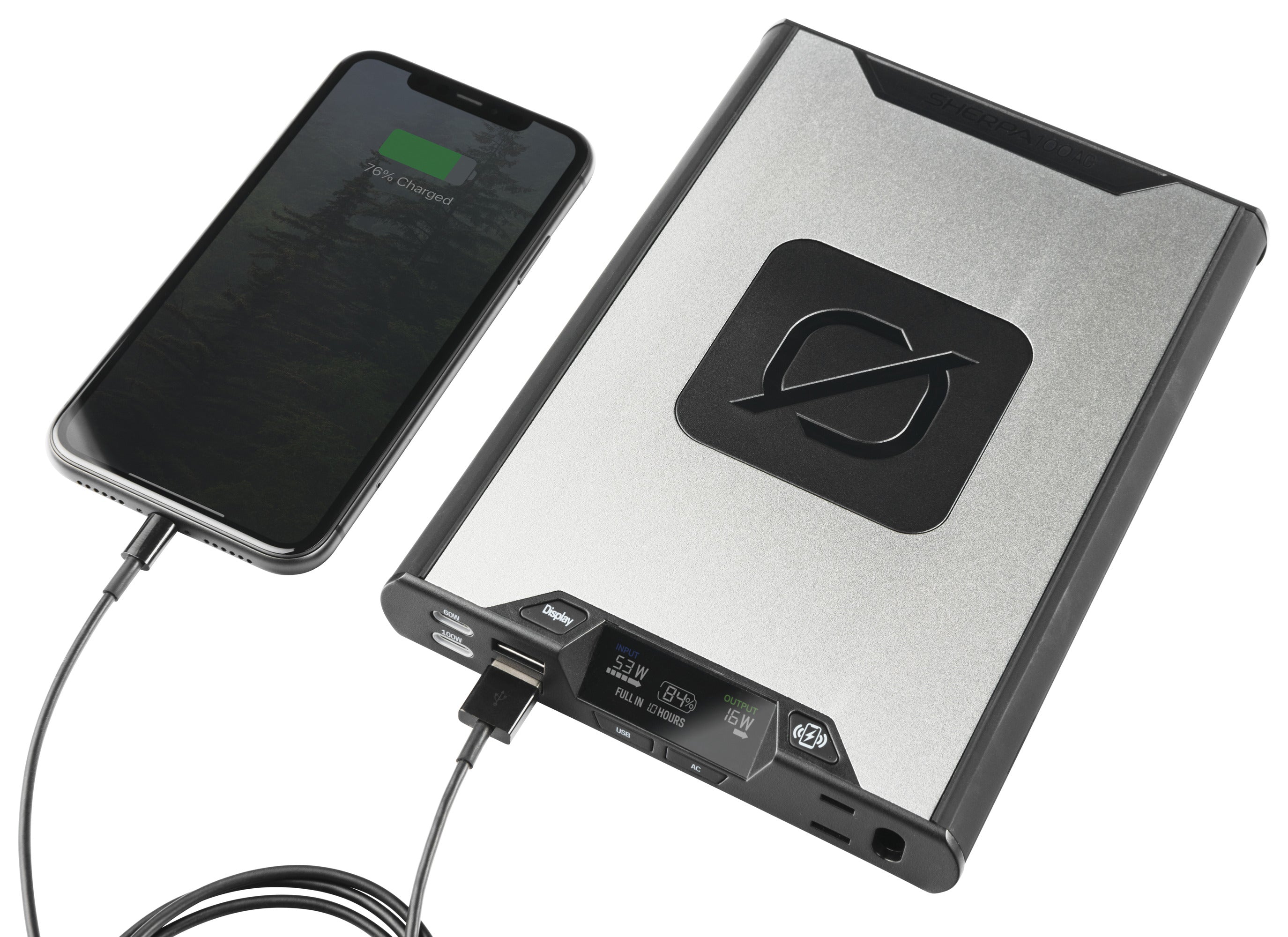 Sherpa 100AC portable battery pack powering devices during travel, remote work, and outdoor adventures