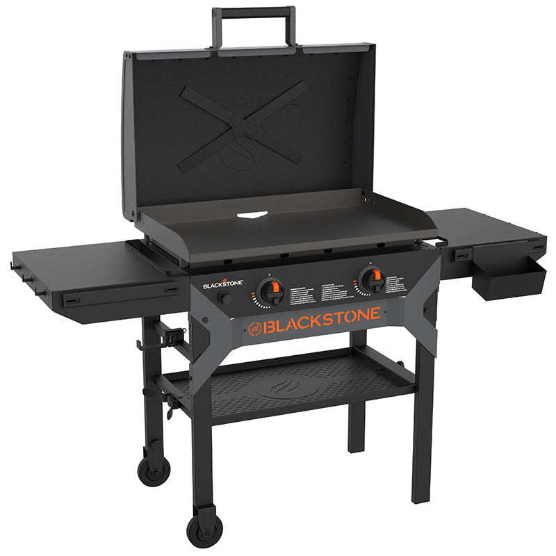Blackstone Iron Forged 28” Griddle Cooking Station with Hood – outdoor flat top grill for versatile cooking.