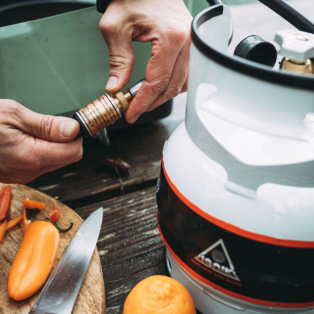 Comparison between Gas Growler 3.8 and single-use 1lb green propane bottle showing 4x fuel capacity