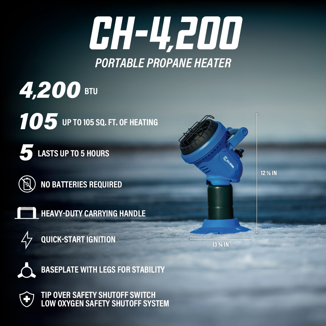 Clam CH-4200 Portable Propane Radiant Heater warming up an ice fishing tent