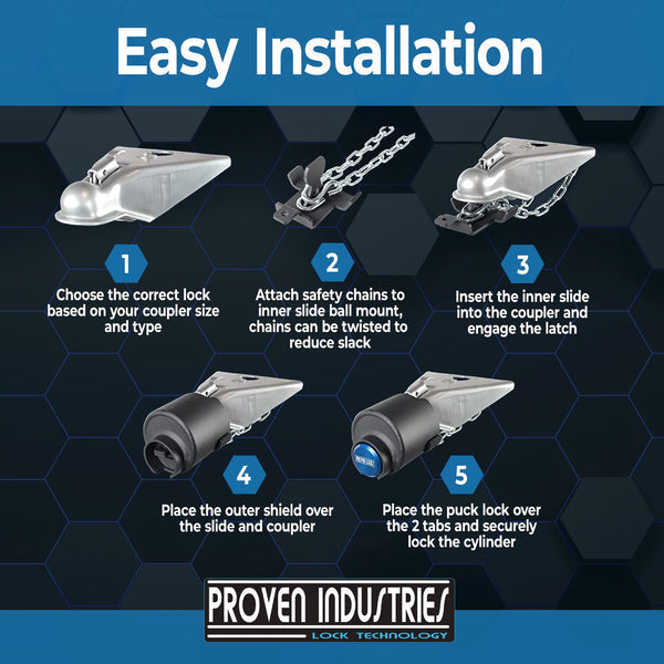 Proven Industries coupler lock with lower shield holes for padlocking trailer safety chains