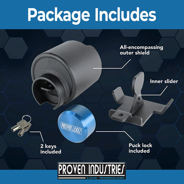 Model 2516 coupler lock securely mounted on a trailer's 2 5/16-inch coupler with safety chain holes