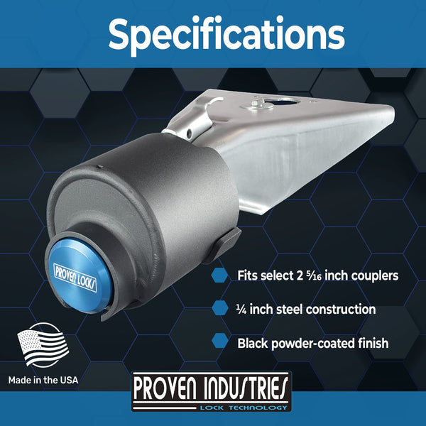 Tough exterior of Proven Industries Model 2516 coupler lock resists hammers, crowbars, and power tools