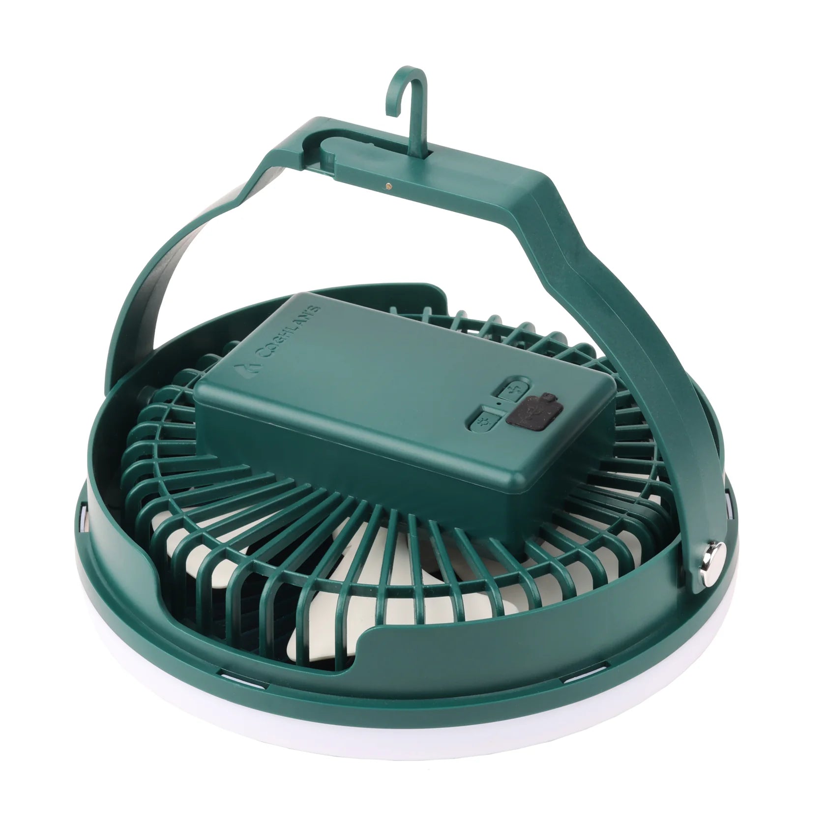 Tent fan with LED light ring two brightness settings for camping comfort