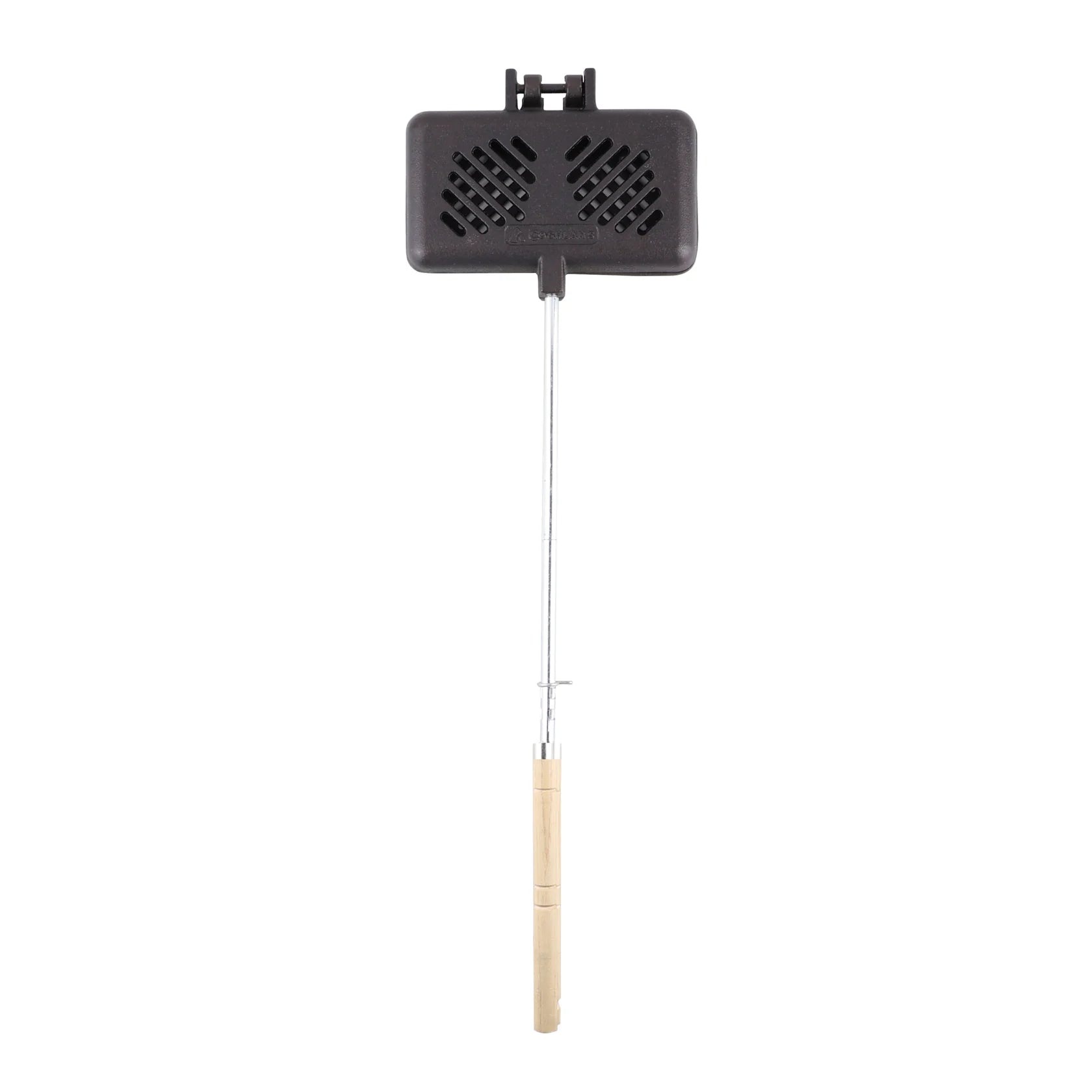 Coghlan’s pre-seasoned cast iron broiler cooking burgers over an open campfire, durable slotted design with removable wooden handles