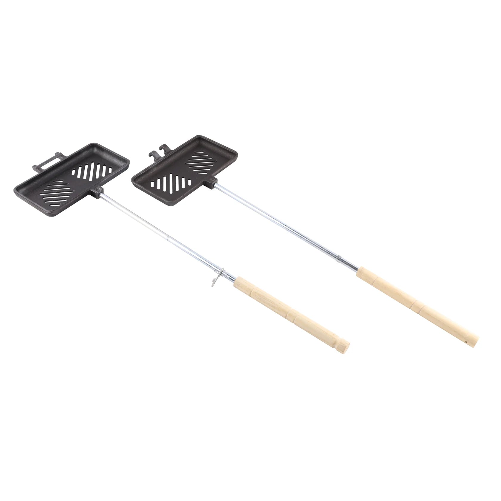 Pre-seasoned cast iron broiler for campfire cooking, reinforced hinge and cool-touch wooden handles for safe outdoor grilling