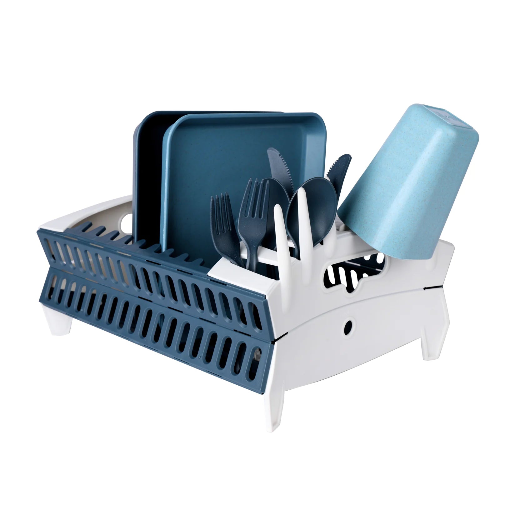 Foldable RV dish drying rack with utensil slots and drinkware holders, compact space-saving camp kitchen accessory