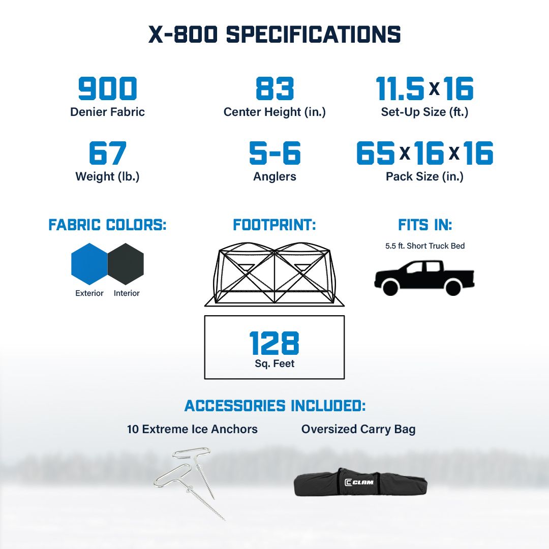 Ice fishing shelter packed size 65 x 16 x 16 inches for easy vehicle transport