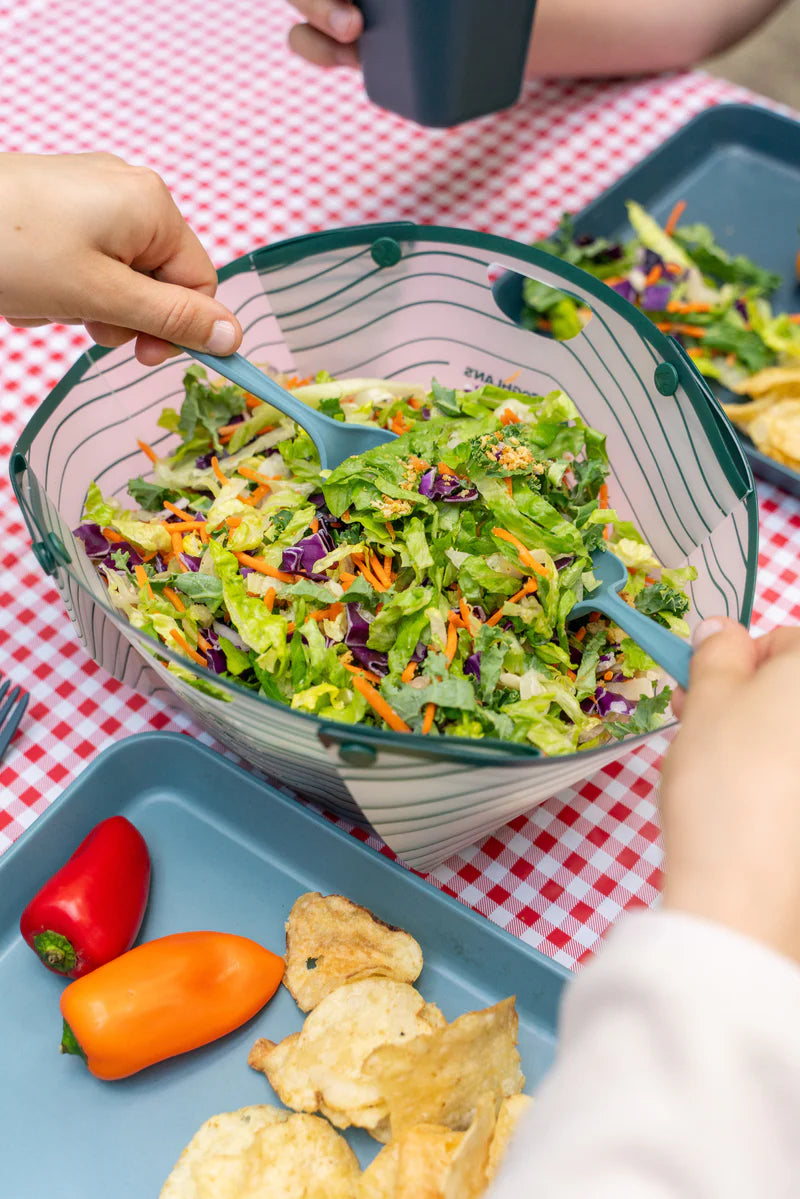 Portable camping prep bowl with four secure snaps, dishwasher-safe foldable bowl for oatmeal, soup, and pancake batter