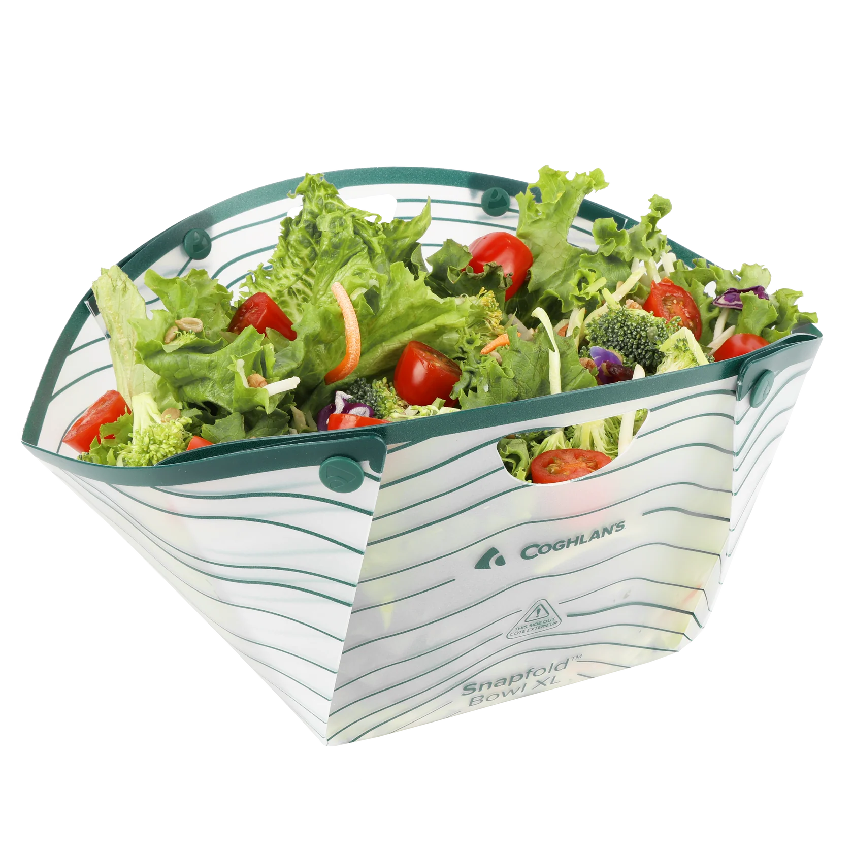 Snapfold XL collapsible camping bowl holding hot stew at campsite, lightweight fold-flat design with leakproof snap closures