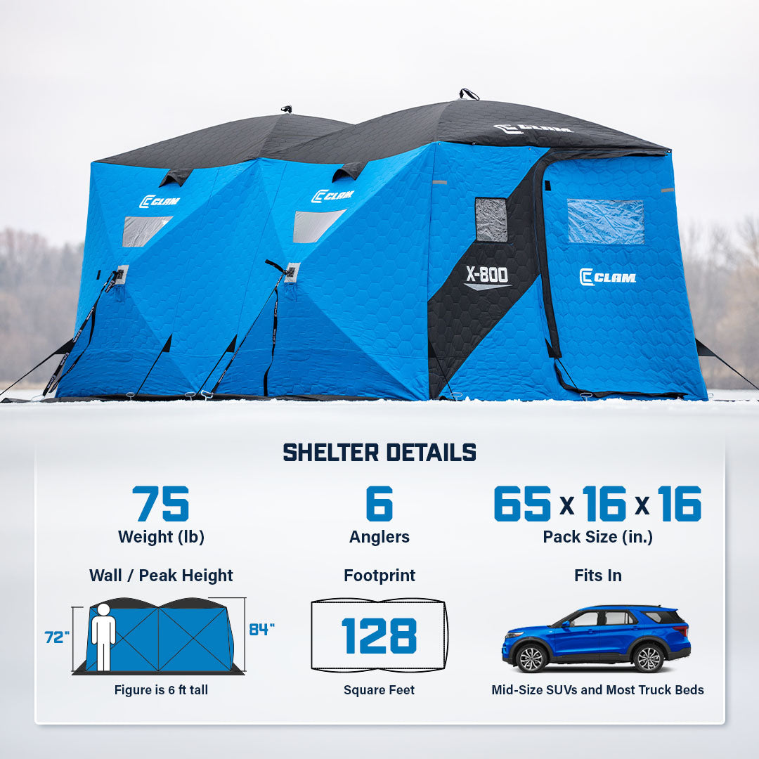 Clam X-800 thermal ice shelter in winter conditions