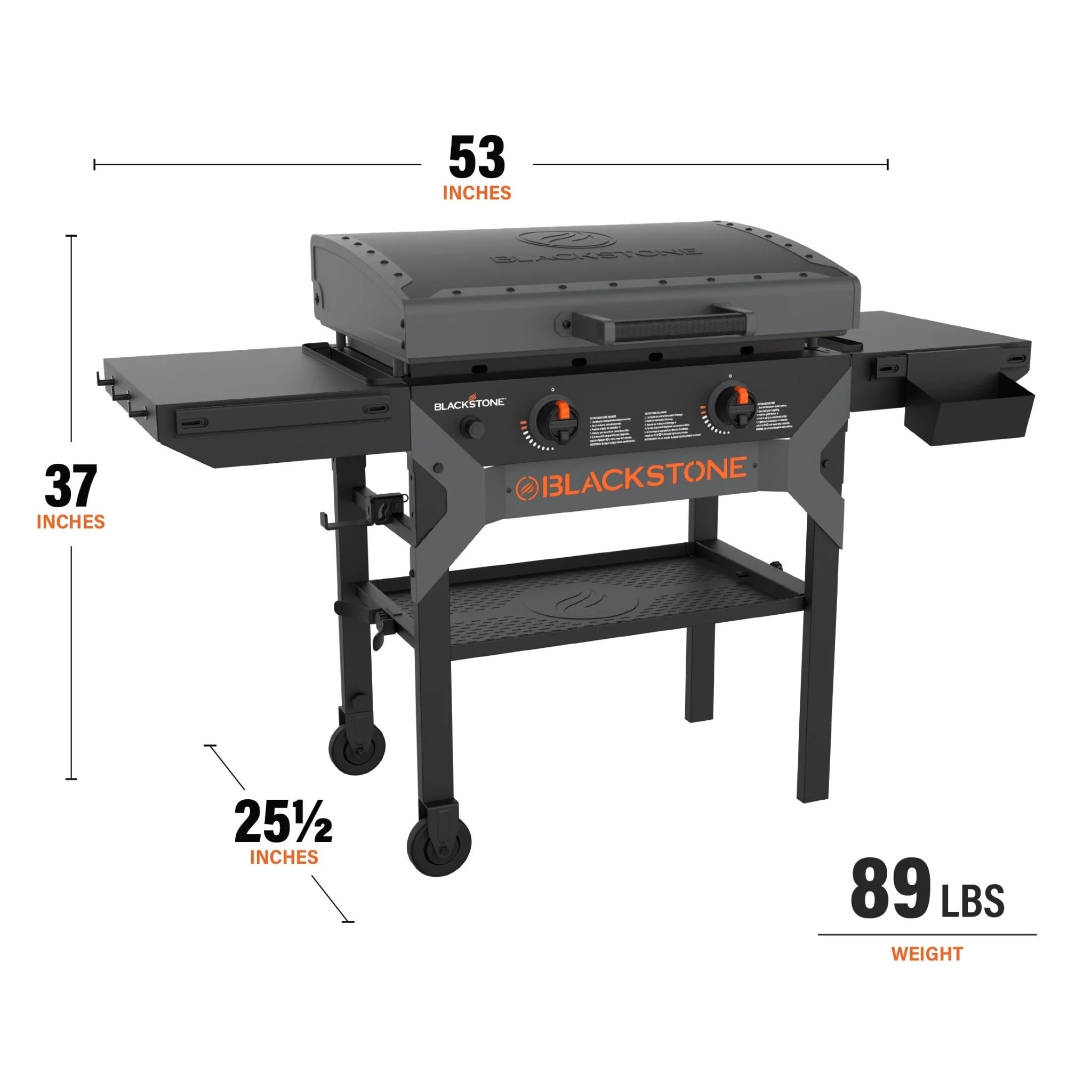 Dual burner griddle cooking station with BAR system accessory bin.