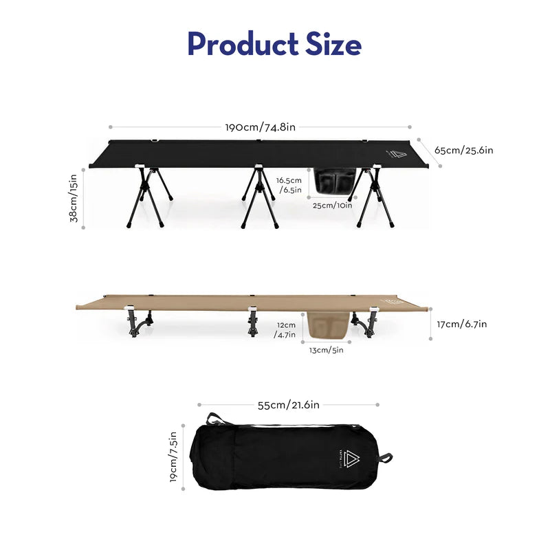 Compact outdoor sleeping cot with adjustable height and hook and loop storage system