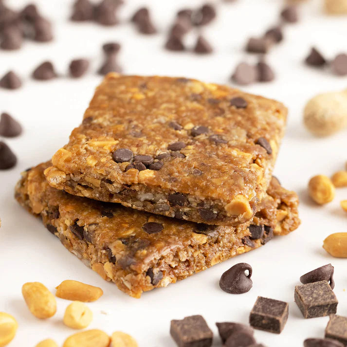 Peanut butter and dark chocolate MEAL bar with 10g protein and 5g fiber.