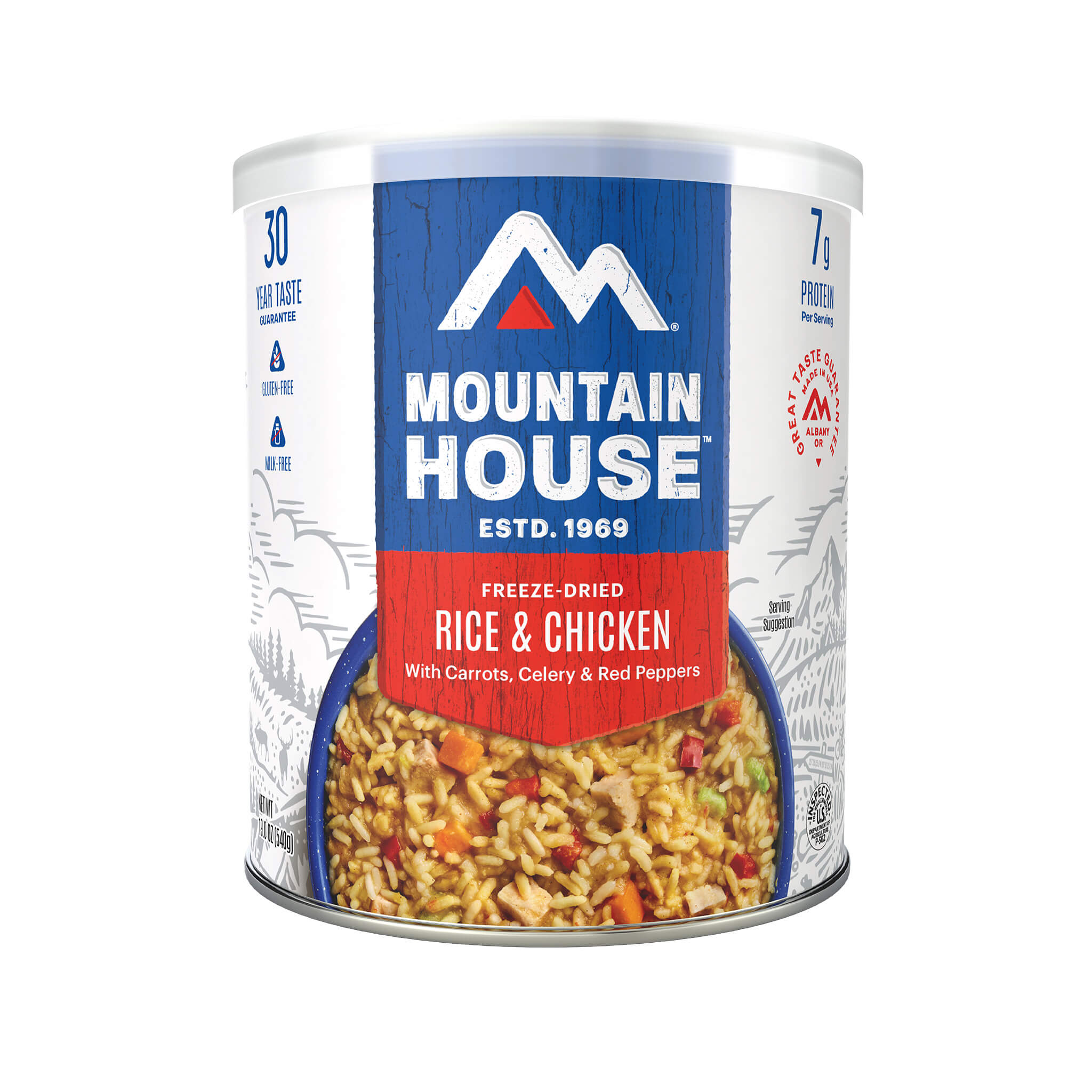 Mountain House freeze-dried rice & chicken can on a white background