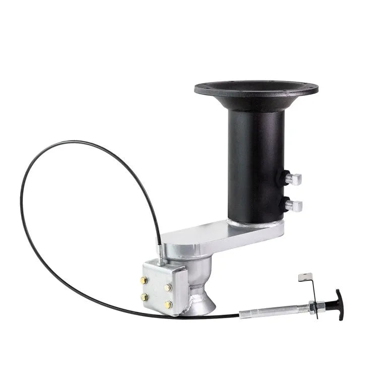 Mechanical component with black cylindrical part and metal arm on a white background. Gooseneck Trailer Adapter with Remote Coupler Release and Vertical Adjustment

