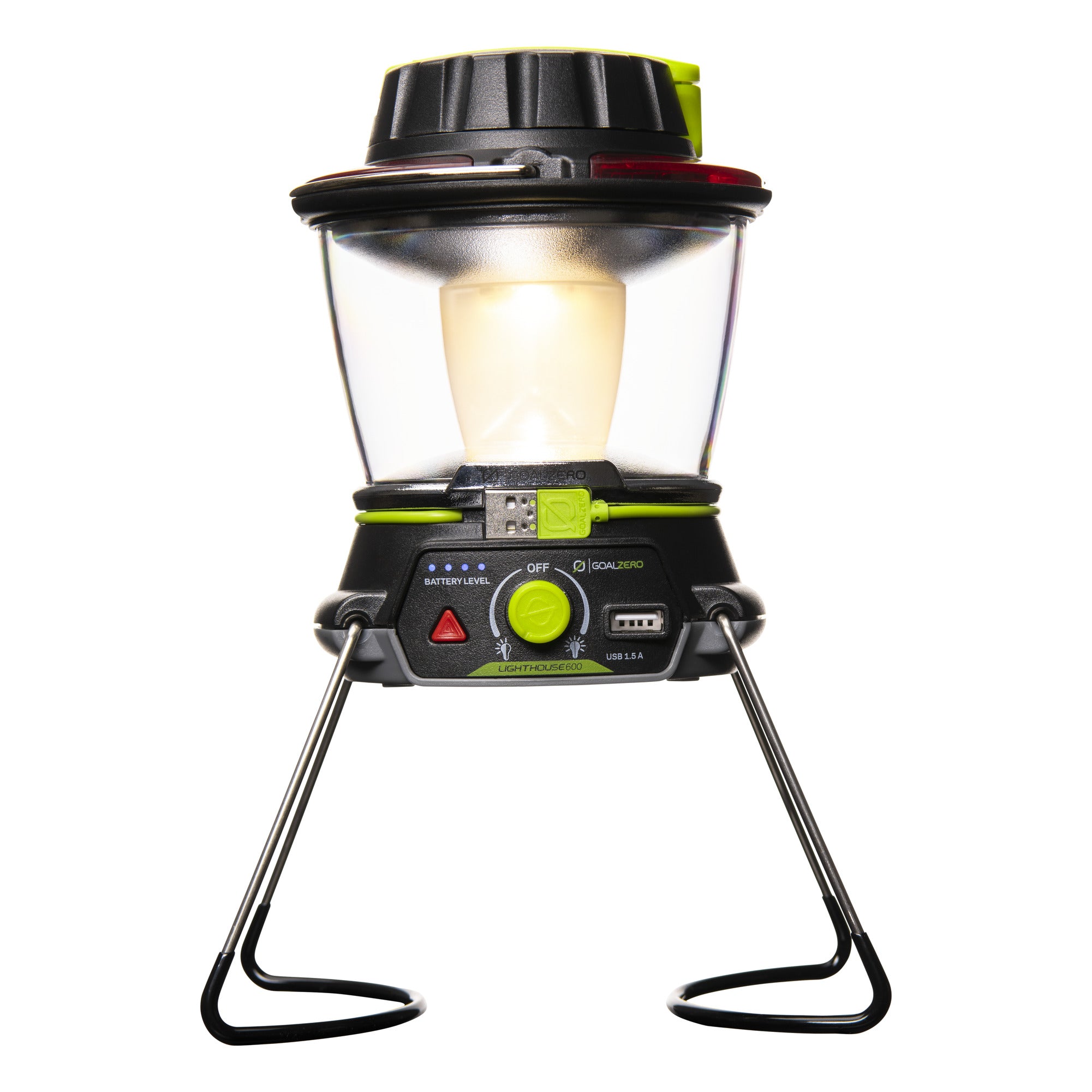Portable 600-lumen LED camping lantern with USB power hub and hand crank