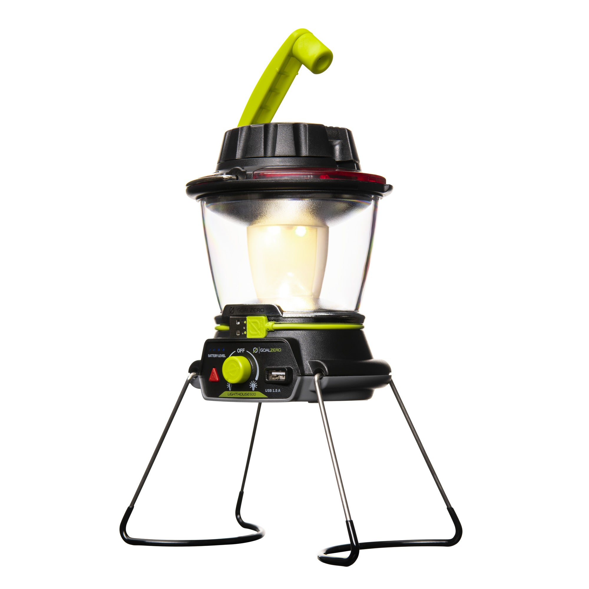 USB rechargeable camping lantern with solar panel compatibility and power bank function