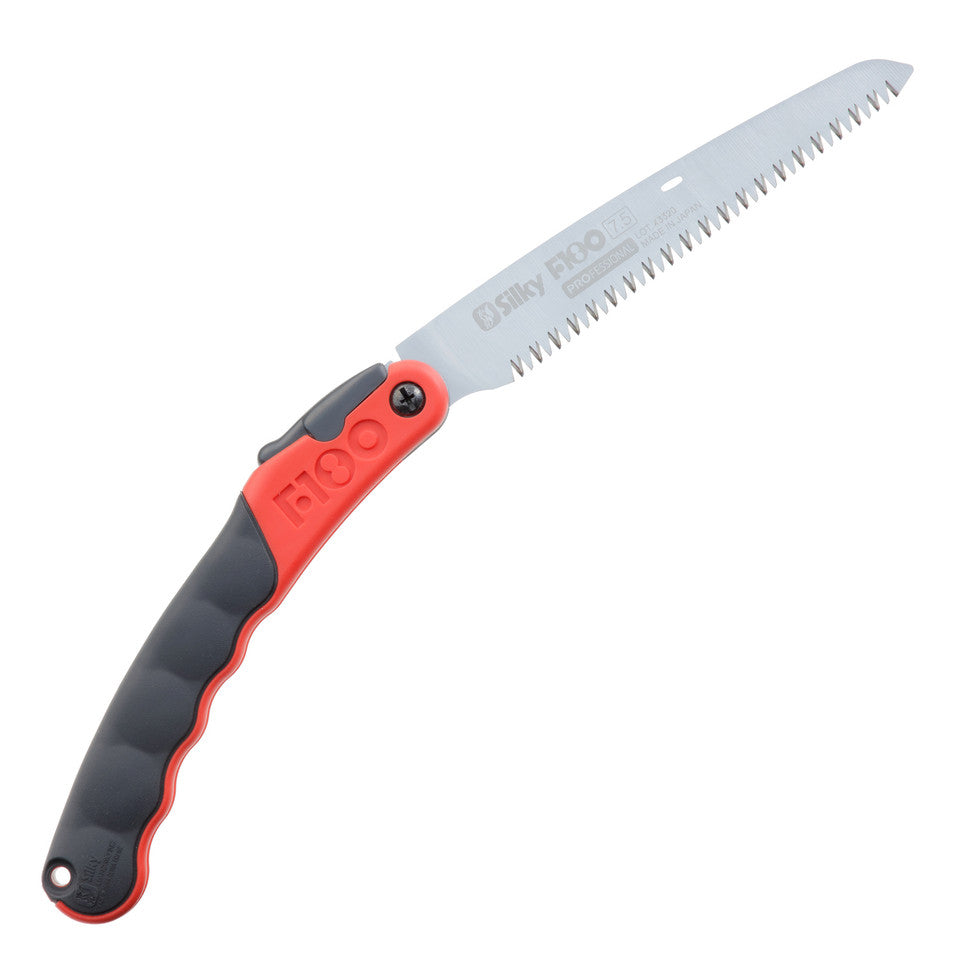 Folding saw with red and black handle on a white background