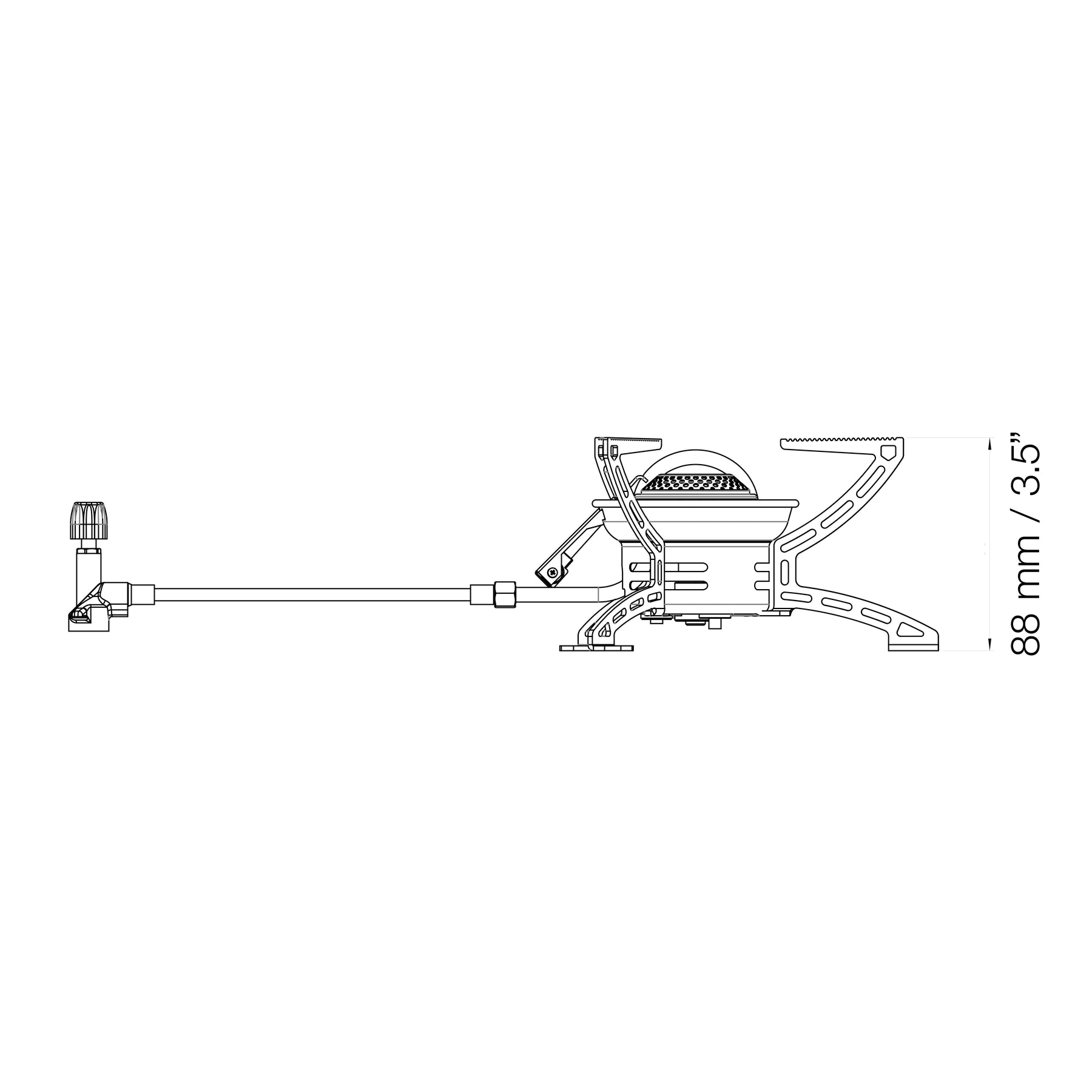 Technical drawing of a camping stove with dimensions indicated.