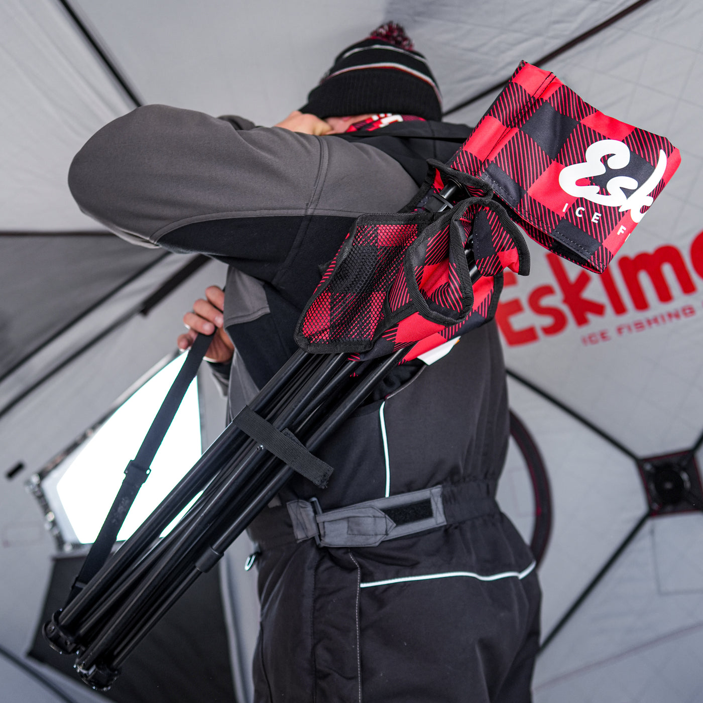 Eskimo king-sized folding chair set up on ice fishing trip with overbuilt steel frame and comfortable seat