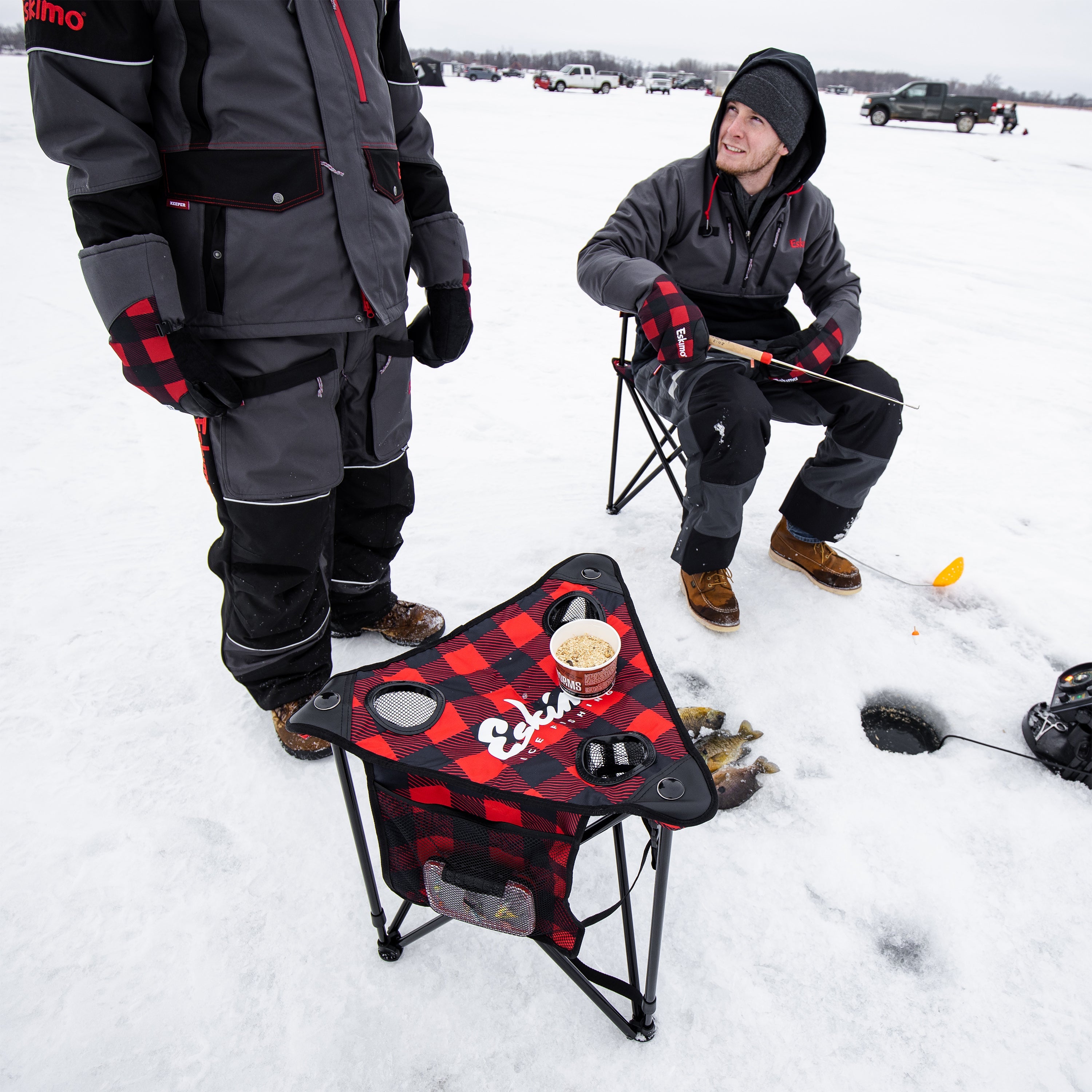 Buffalo plaid portable ice fishing stool with carry strap