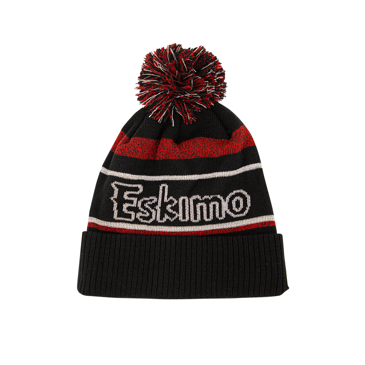 Black acrylic knit pom-hat with reflective yarn and fleece lining
