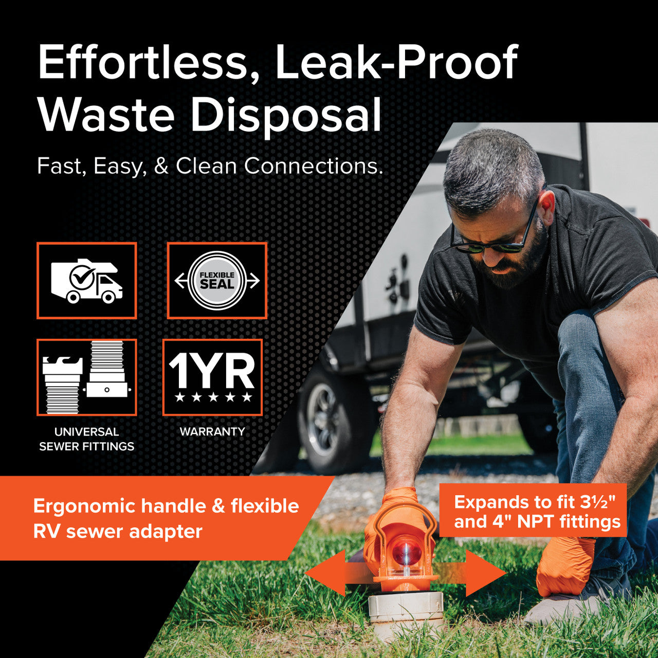 RV sewer adapter with flexible gasket for leak-proof dump station connection