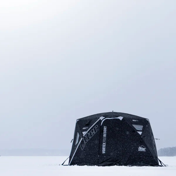 Otter Vortex Pro Resort blackout exterior ice fishing shelter