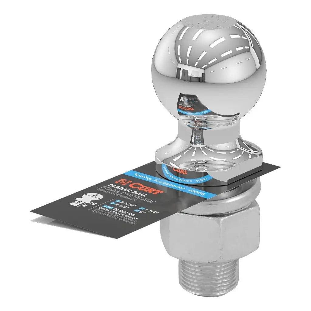 Chrome-plated trailer ball with 1-1/4 inch shank diameter and 2-5/8 inch shank length