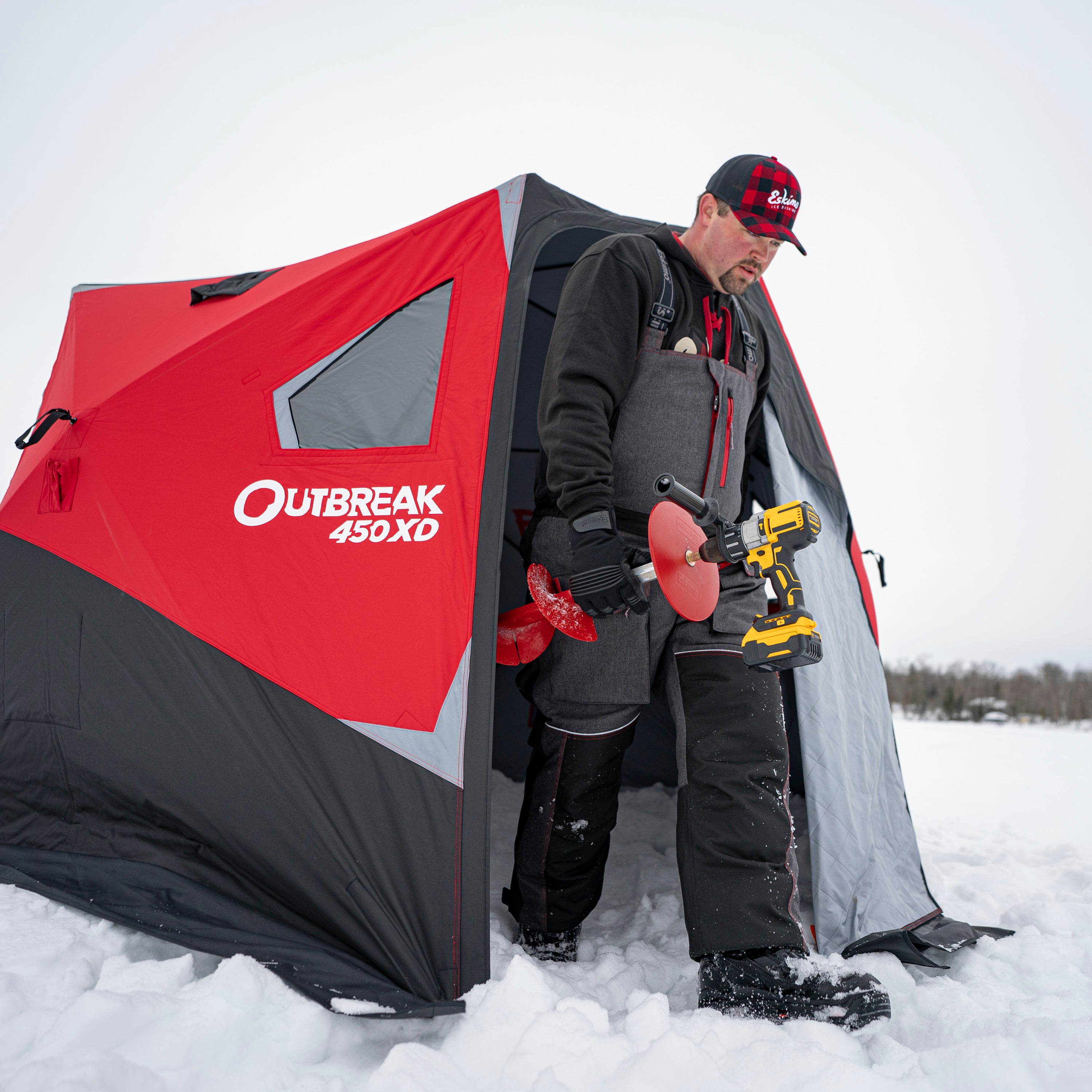 No-trip door ice fishing hub for 4–5 people