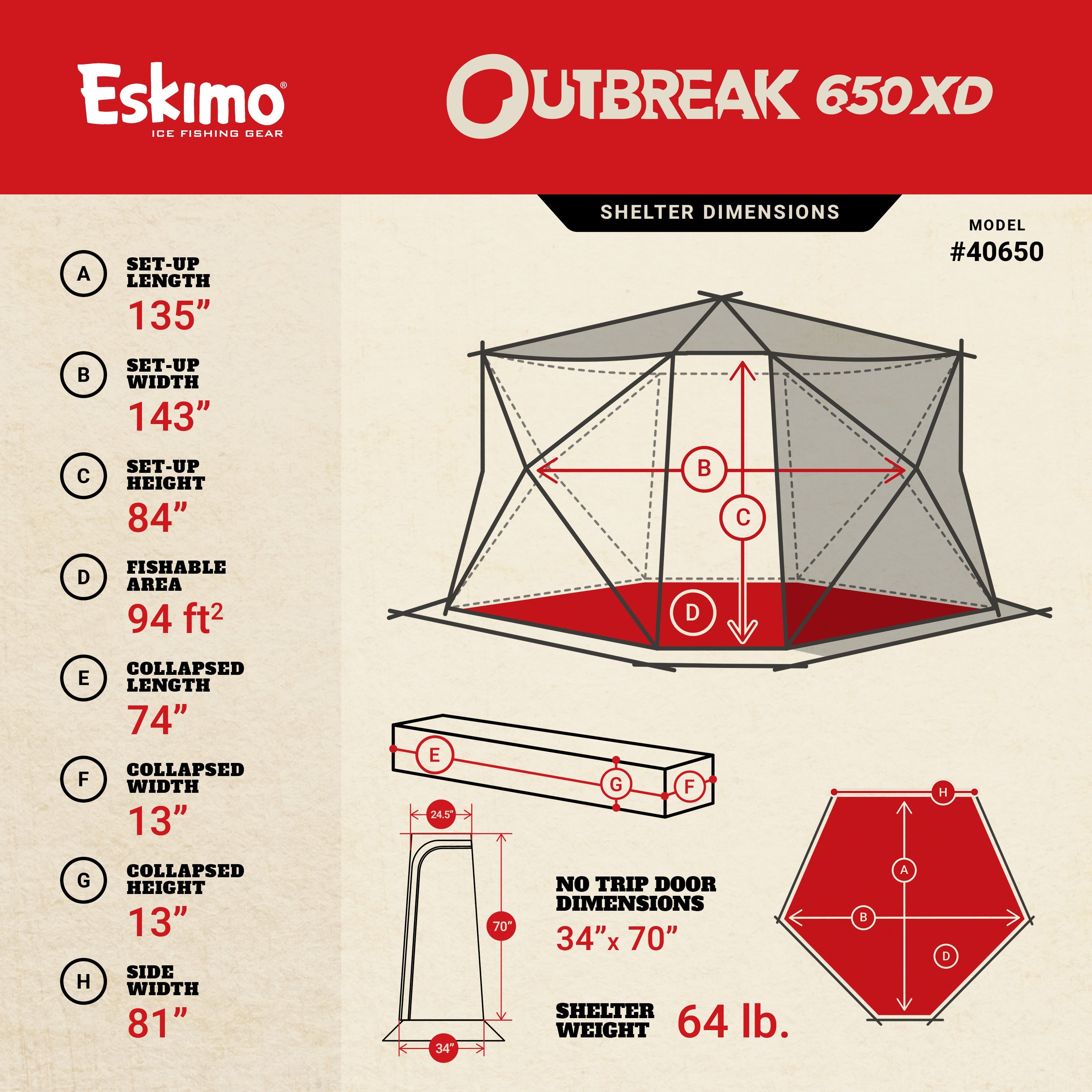 Eskimo Outbreak 650XD shelter dimensions diagram with specifications on a beige background.